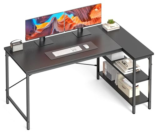 DUMOS L Shaped Desk 47 Inch Computer Desk Gaming Furniture Corner Desks Home Office PC Table with Reversible Storage Shelves for Writing Working Study Bedroom Dorm, Modern Black