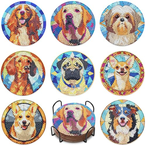 8-teiliges Hunde-Diamantmalerei-Untersetzer-Set, DIY-Diamant-Untersetzer-Set für Büro, Zuhause, Küche, Hunde-Tassenuntersetzer mit Diamantmalerei