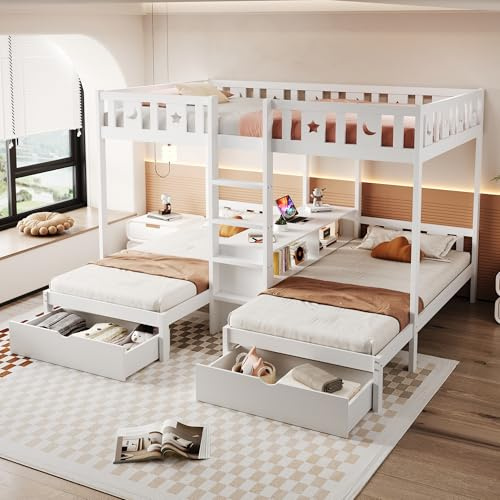 Letto a castello con scaletta,vano contenitore e due cassetti,sponda di sicurezza con decorazione a stelle e luna,letto superiore140×200cm,letto inferiore90×200cm,lettotriplo,lettoperbambini(Weiß-G)