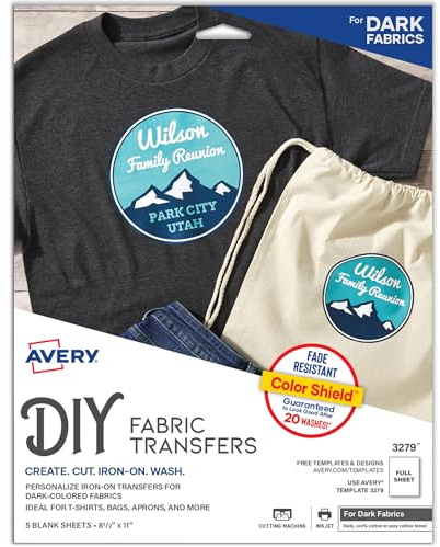 Avery Printable Heat Transfer Paper for Dark Fabrics, 8.5 x 11, Inkjet Printer Compatible, 5 Sheets of Iron On Transfer Paper, Great for Custom Shirts, Uniforms, Gifts, and More (3279)