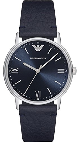 Emporio Armani Reloj para hombre, movimiento de tres manecillas, caja de acero inoxidable plateado de 41 mm con correa de piel, AR11012, Tono azul y plateado