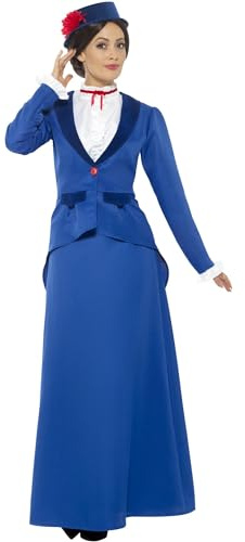 Smiffys Disfraz de niñera época victoriana, azul, con vestido, sombrero y bufanda Halloween, Carnaval