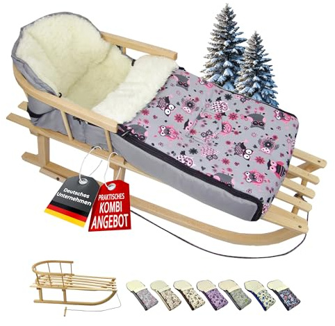 BAMBINIWELT Kombi-Angebot Holz-Schlitten mit Rückenlehne & Zugseil + universaler Winterfußsack (108cm), auch geeignet für Babyschale, Kinderwagen, Buggy, aus Wolle im Eulendesign