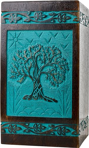 INTAJ Tree of Life Wooden Urn for Human Ashes, X-Large 250 cu in, Teal