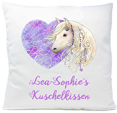 Feenstickerei Kissen Pferd blond Herz mit Namen Widmung 40x40 cm inkl. Füllung Kuschelkissen Geschenk, Kissen Farbe:Vorderseite weiß/RS rosa