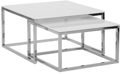 Beliani Quadratisch, minimalistisch und modern: Couchtisch 2er Set in Weiß mit polierten Metallbeinen und Silber Glastischplatte Brea