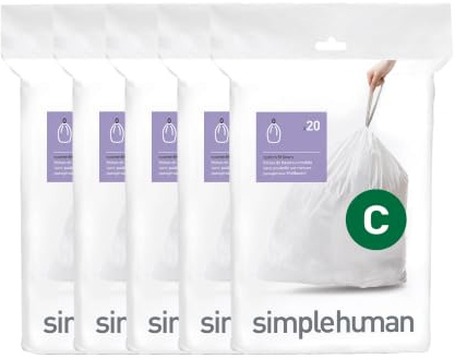 simplehuman Code C 100 Liners, 50% Recycled Custom Fit Bin Bags in Dispenser Packs, Durable Drawstring Tie Handle, 10-12L, White