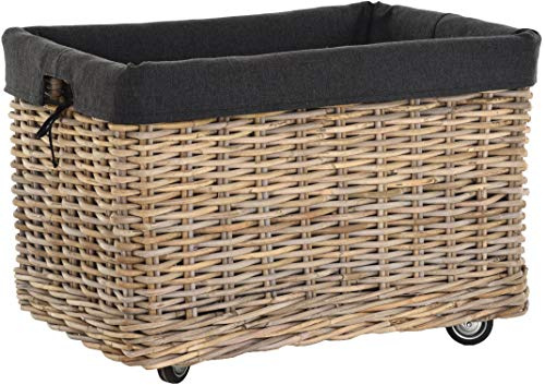 Großer Rollkorb mit Griffen/Holzkorb mit Rollen aus grauem Natur Rattan/Aufbewahrung Holz-Wagen Räder Kaminholz-Korb Kamin Allzweck-Korb mit Inlett (Rechteckig klein)