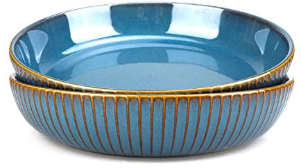 CSYY Pasta Bowls, 21cm Porcelain Serving Bowls, Blue Round Premium Dinner Set for Salad, Pasta, Fruit(2pack)
