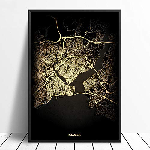 Leinwand Bild, Istanbul Stadt Schwarz & Gold Stadt Lichtkarten Poster Benutzerdefinierte Welt Kunst Leinwand Malerei Wandkunst für Wohnzimmer Home Decor,50 * 75cm