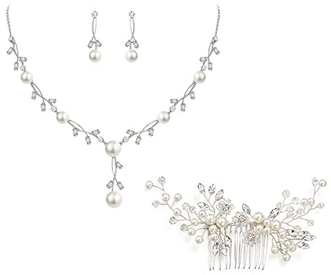 EVER FAITH CZ Kristall Elegant Blatt Vine Cream kuenstliche Perle PendantSchmuckset Klar Silber-Ton