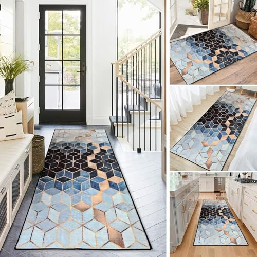 BAYUE Läufer Teppich Lang Flur rutschfest Waschbar 80X500CM,Modern Küchen Teppich Polyester Dauerhaft, Schlafzimmer Muster Carpet, für Wohnzimmer Büro Esszimmer, Anpassbar Teppichläufer Meterware