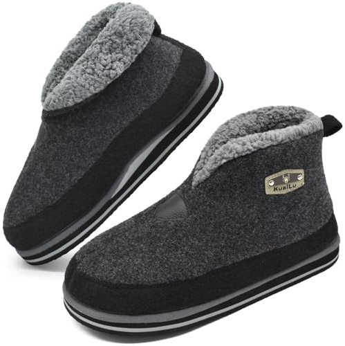 KuaiLu Hausschuhe Boots Herren Winter Filz Hausstiefel Warm Plüsch Fell Hüttenschuhe Kuschel Geschlossen Slippers Männer Pantoffeln Stiefel Rutschfest Feste Sohle Grau 44