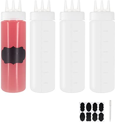 Belinlen 4 Pack 24oz/700ml Plastic Squeeze Sauce Bottles with Nozzle 3 Hole | Triple Nozzle Condiment Squeezy Bottles Ketchup Bottles Plastic Squeeze Dispenser for Condiment, Ketchup, Oil, Salad or Paint