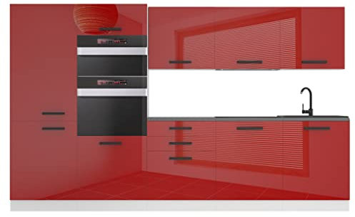 Belini Küchenzeile Küchenblock Grace - Küchenmöbel 300 cm Einbauküche Vollausstattung ohne Elektrogeräten mit Hängeschränke und Unterschränke, ohne Arbeitsplatten, Rot Hochglanz
