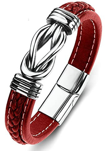 AMDXD Geschenk Für Männer Bettelarmband, PU Leder Bettelarmband Charm Knot Leder Armband Herr Silber Rot Handhandgelenk Kette Edelstahl mit Magnet Verschluss, Länge 18.5cm