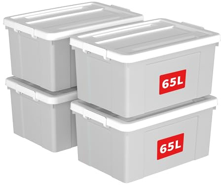 Cetomo 65L*4 Caja de Almacenamiento con Ruedas, Caja de Plástico con Tapa y Cierre Seguro, Contenedor de Almacenamiento Grande, Duradera, Apilable, Resistentes, Gris, Paquete de 4 de 65L