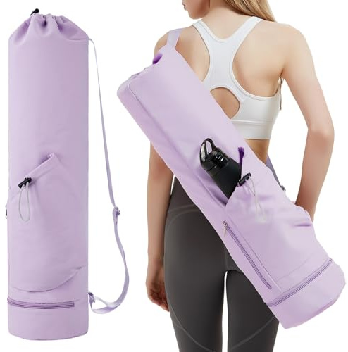 Bolsa Esterilla Yoga Bolsa Para Yoga Colchoneta Compartimento Húmedo Inferior Independiente Bolsillo Lateral con Cremallera y Bolsillo con Cordón Para Botella de Agua, Morado Patente Pendiente