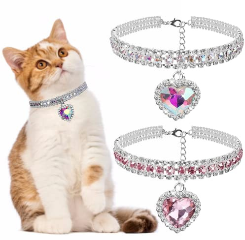 2 Stück Diamant-Halsband für Katzen Bling Haustier Hundehalsband Mode Kristall Diamant Verstellbare Strass Katzenhalsbänder für Welpen Kätzchen (Herz, S)
