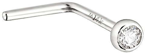 14K White Gold Bezel Set 1.5mm-0.015 ct Diamond L-Shape Nose Stud 22G L-Bend Nose Ring - LSBZRD-WG15WD