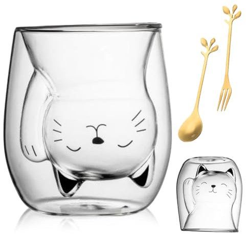 Gohytal Doppelwandige Gläser Katzen Tasse, 200 ml Double-Walled Coffee Glasses Süße Tassen Doppelwandige Isoliergläser, Cute Mugs, Teeglas Insulated Doppelwandig, Kaffeeteegläser, Doppelwandig Glas