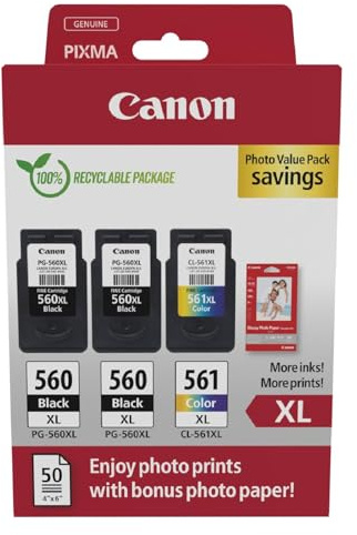 Canon Tintenpatronen & Papier-Multipack - PG-560XL/CL-561XL Original Druckerpatronen mit hoher Reichweite 3er Pack (2 x Schwarz, 1 x Farbe) & 4x6 Fotopapier (50 Blatt)