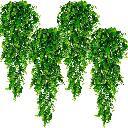Lighterday 4 Pcs Hanging Plant Artificial Plants Fake Plants Indoor Decorative Faux Greenery Plants Plastic Fern Greenery Artificial Hanging Plants for Indoor Outdoor Decor(4 Pcs Eucalyptus Plants)