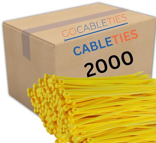 Gocableties Yellow Cable Ties, 200mm x 4.8mm, Bulk Pack of 2000, 8” Premium Nylon Zip Ties, Multi-Purpose Plastic Tie Wraps, Secure Self-Locking Mechanism, for Home, Garden, Office and DIY