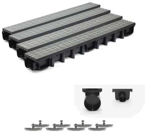ScarMaxx - Set di canalette di drenaggio da 4 m - Grondaia a pavimento - Uscita dell'acqua piovana - Scarico con griglia - A15 Altezza 98mm - Griglia longitudinale Line Grey - 13x400x9,8cm