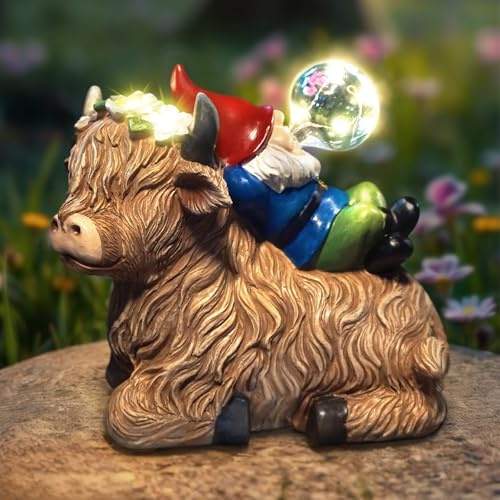 ArtTerpnica Solar Highland Cow Gnome Garden Decor Statue, Outdoor Funny Solar Light Decoration for Yard, Patio, Lawn, Unique Housewarming, Birthday Gift for Women, Mom, Grandma
