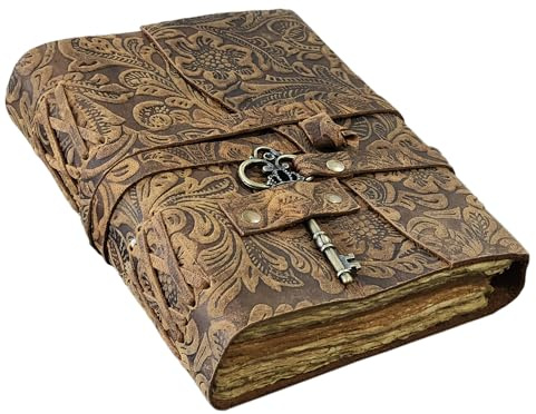 Geprägtes Leder-Tagebuch mit antiken Schlüsseln, Vintage-Seiten, handgefertigtes Tagebuch, Leder-Skizzenbuch, Notizblock, Reisetagebuch, Schattenbuch, Ledergrimoire (Antique, 8x6 Inch)