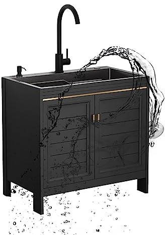 KUANGGE SinkCatering Sink Stainless Steel Freestanding Sink Black with Drainer Unit and Cold and Hot Water Pipe Faucet and Storage Shelves for Laundry Garage Indoor Outdoor. (Size : 23.6X17.7X31.4I