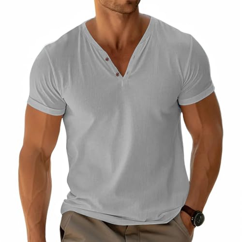 Uomo Henley Maglietta di Base Tee Manica Corta Tops Casual Camicia in Cotone Bottone Collo a V Morbido Stretch Grigio M