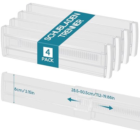 Set of 4 Plastic Drawer Dividers Adjustable (17.5-33 inches), 4Stück Transparente Schubladenteiler,Adjustable Drawer Divider für Kleiderschrank,Schlafzimmer,Kommode,Küche, Transparent