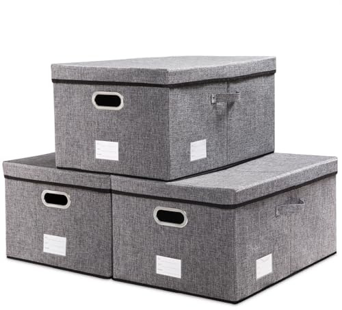 PRANDOM Aufbewahrungsbox mit Deckel Übergroß,Grau[3-stück] 58x40x30cm | Stoffbox,Mit Griff,Faltbarer,Stapelbar,Dekorative boxen,Mit Etikettentasche,Ordnung und Aufbewahrung
