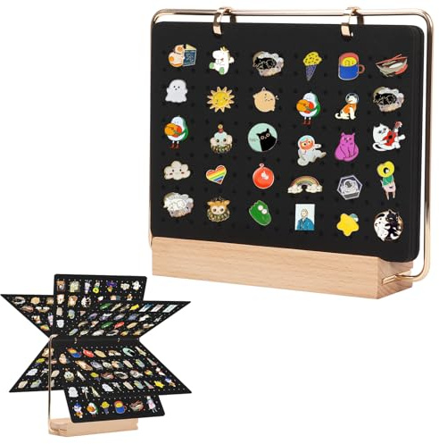 Yallmie Pin Collector Storage, 6 Pages Brooch Display Calendar with Wooden Stand Pin Badge Display Stand, Pin Board Display Badge Storage Organizer for Store Up to 240 Pins (Black-01)