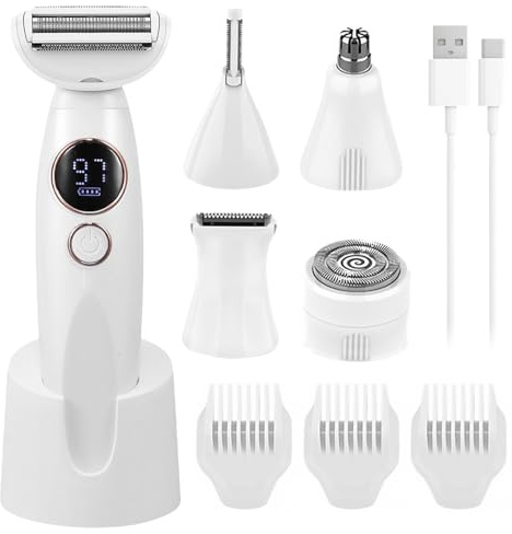 Rasoio elettrico 5 in 1 da donna, rasoio elettrico da donna, rasoio elettrico da donna, Ipx7, impermeabile, rasoio intimo per donna, per ascelle, braccia, corpo, bikini