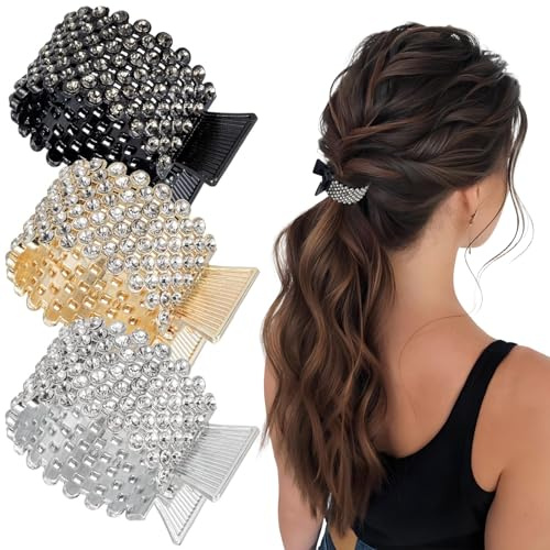 Esshogo 3 Stück Haarspangen Damen Haarklammer Metall, Strass Haarspangen Halter Hoher Pferdeschwanz Rutschfest Modische für Dickes Dünn Haar