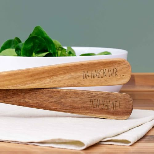 hellomini - Personalisierbares Salatbesteck Set Holz - Graviert - spülmaschinenfest - Salatgabel & Salatlöffel -Geschenkidee zum Geburtstag, Grillabend (Da haben wir - den Salat)