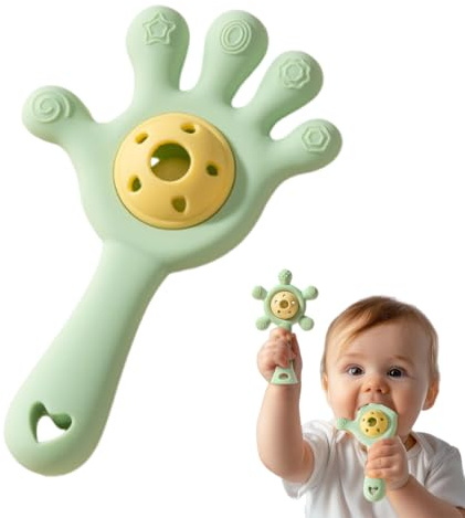 OUDQFCJ Sonaglio per Neonati e Anello Dentizione BPA-free in Materiale Alimentare Design Ergonomico Rafforzare la Presa e Favorire lo Sviluppo Uditivo e Dentale Ideale per Bambini 0-36 Mesi (Verde)