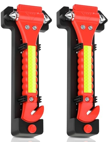 Arvoni 2 Piezas Martillo Rompe Cristales Coche, Rompecristales 2 en 1 con Reflector para Uso Nocturno, Rompe Cristales y Cinturones con Base, Accesorios de Auto para Situaciones de Emergencia