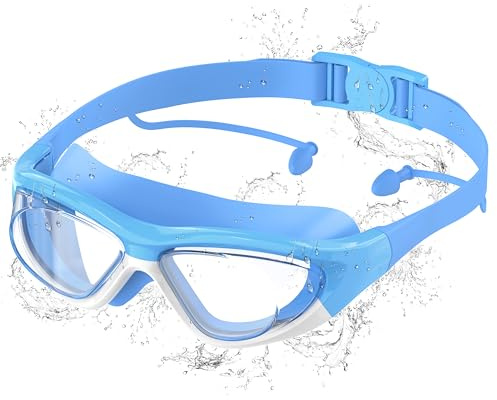 Ambiende dykglasögon för barn, imskydd med UV-skydd, snabb justering, mjuk silikon, HD-klarsikt, unisex simglasögon barn för 6–14 år, blå-vit