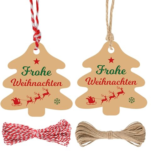 G2PLUS Weihnachtsbaum Geschenkanhänger mit Frohe Weihnachten: 6cm Papier Weihnachtsanhänger mit Schnur, 100 Stk Braun Weihnachtliche Etiketten für Geschenkverpackung, Weihnachtsdeko