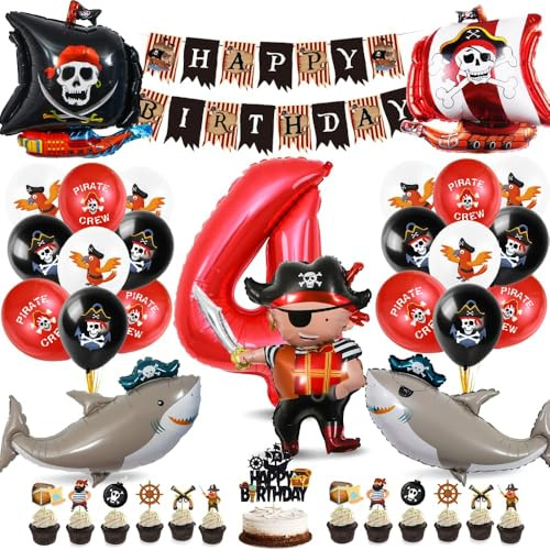 Set di decorazioni per compleanno dei pirati con palloncini in pellicola con numeri 4, palloncini stampati, Happy Birthday Banner e decorazioni per torte per compleanno, Halloween, feste di pirata