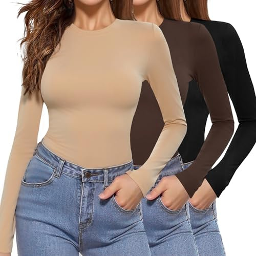 Aottori 3 Pack Long Sleeve Tops Womens Round Neck Base Layer Shirts Ladies Lightweight Thermal Underwear Slim Fitted Plain Basic Pullover Undershirt