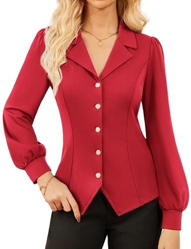 GRACE KARIN kvinnors knappblus elegant smal passform midjeskjorta klassisk krage blus, Röd, L