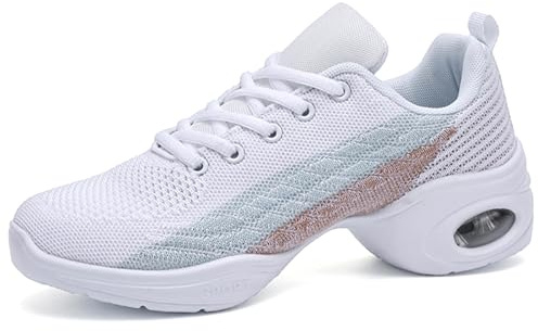 Hiuzylqx Damdansskor, Lätta, Andningsbara Jazzdansskor Snörskor Med Kudde Mesh Platåsneakers,White,42 EU