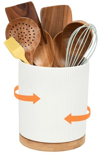 TMZDCJK Keramik Küchenutensilienhalter 360° Drehbarer– 15 x 20 cm | Utensilien-Organizer Große Utensilienhalter küche für Löffel, Pfannenwender und Besteck | Weiße Reliefglasur kitchen decor