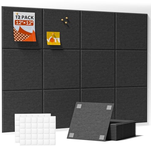 Soundsbay Acoustic Wall Panels Self-Adhesive, 12 Pack Sound Proofing Panels High Density Sound Absorbing Panels for Podcast Studio, Living Room, Offices, Black 30x30x0,9cm