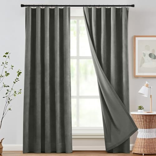 PLODAXE 100% Verdunklungsvorhänge Schwer Chenille, Blickdicht Gardinen mit Kräuselband 2er Pack, 510 g/m² Dicke Blackout Curtains, Thermovorhang für Wohnzimmer Schlafzimmer (H244xB132CM, Grau)